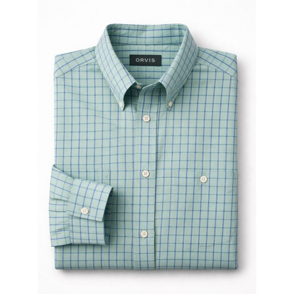 Orvis Men's Button Down Shirt Green Blue Check Plaid Long Sleeve Cotton Casual L